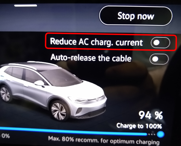 Меню налаштувань зарядки VW ID.4 з опцією Reduce AC charging current